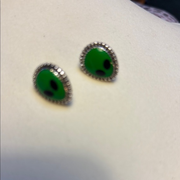 Green and Sterling Silver Alien Stud Earrings - Picture 2 of 4